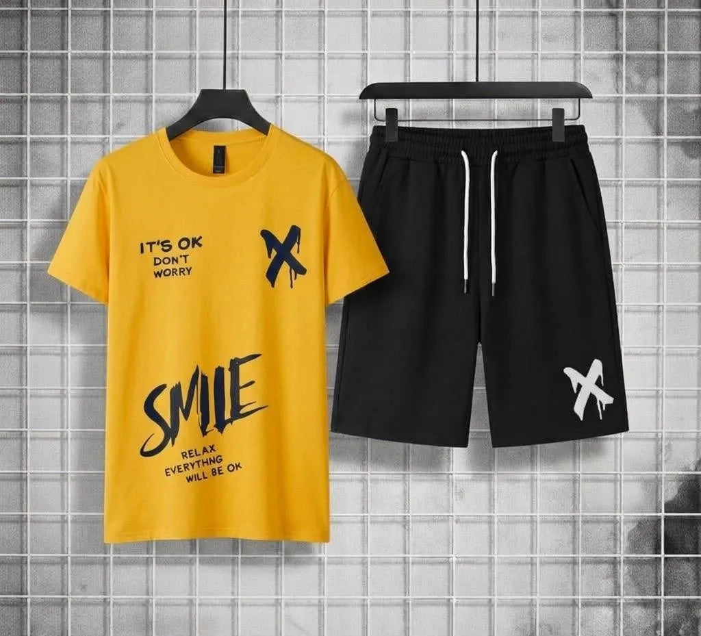 Men yellow polyester printed 2pc t shirt and shorts tracksuit for summer casual wear workout and daily use in Pakistan