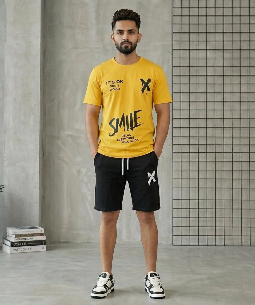 Men yellow polyester printed 2pc t shirt and shorts tracksuit for summer casual wear workout and daily use in Pakistan
