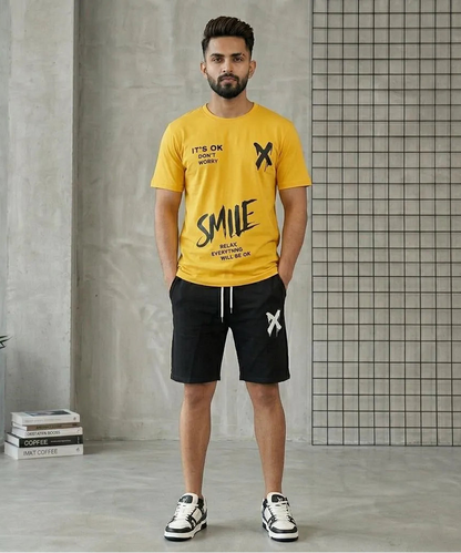Men yellow polyester printed 2pc t shirt and shorts tracksuit for summer casual wear workout and daily use in Pakistan