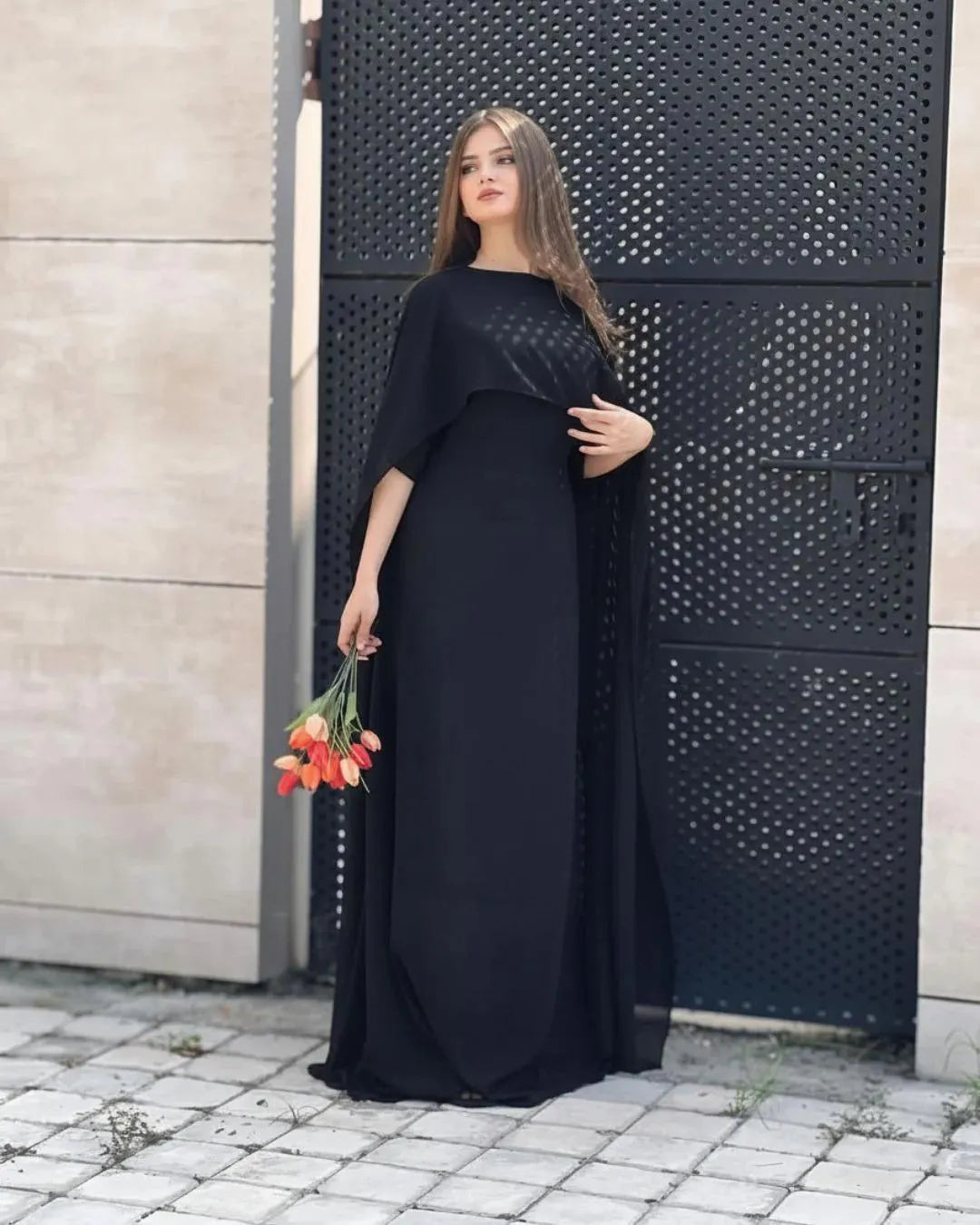 Black chiffon cap shawl maxi 2 piece dress for women with dupatta elegant long formal party wear outfit