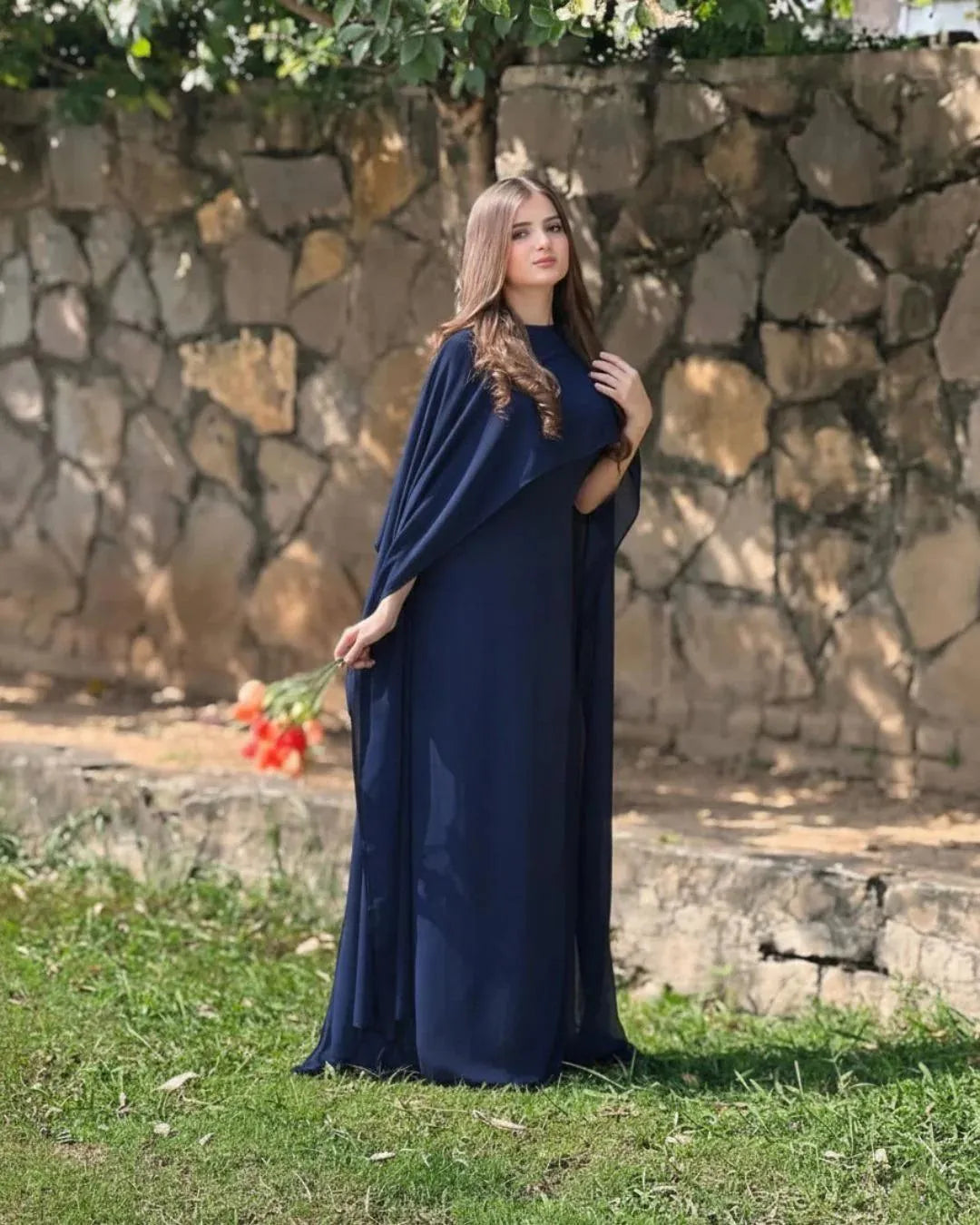 Blue chiffon cap shawl maxi 2 piece dress for women with dupatta elegant long formal party wear outfit