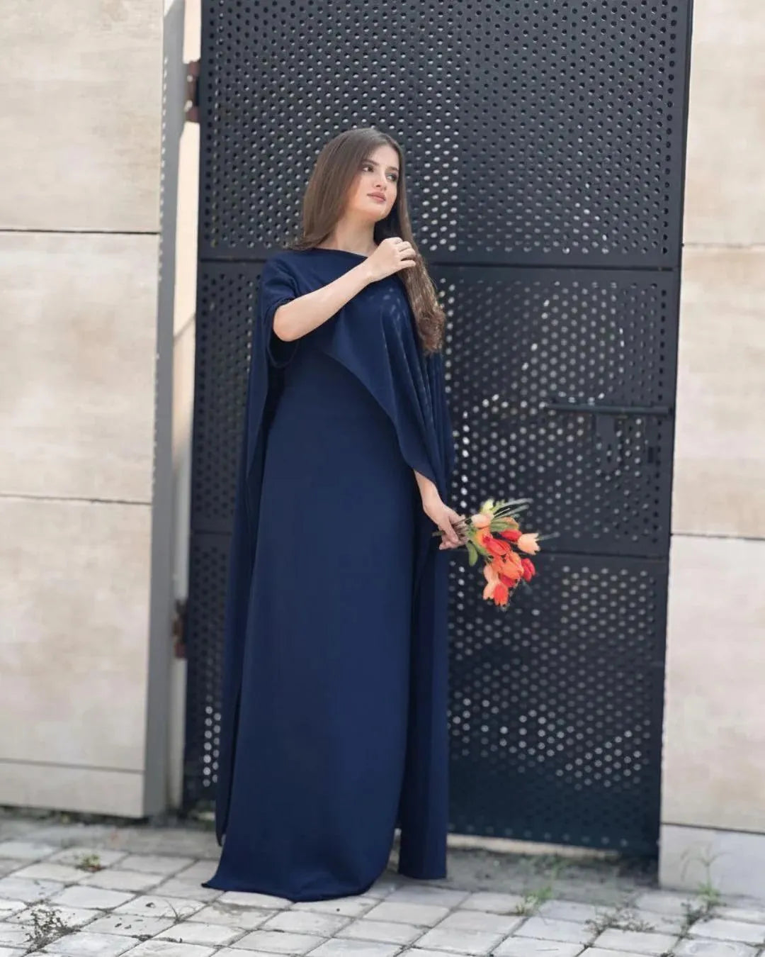 Blue chiffon cap shawl maxi 2 piece dress for women with dupatta elegant long formal party wear outfit