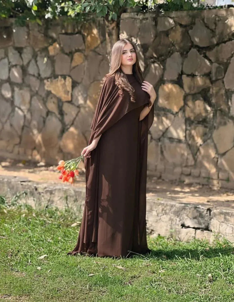 Brown chiffon cap shawl maxi 2 piece dress for women with dupatta elegant long formal party wear outfit
