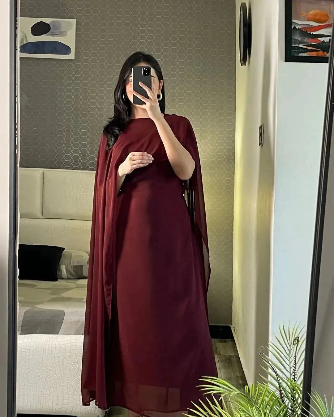 Maroon chiffon cap shawl maxi 2 piece dress for women with dupatta elegant long formal party wear outfit