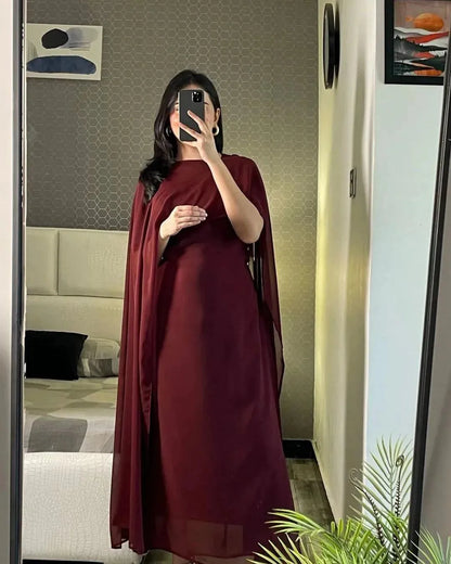 Maroon chiffon cap shawl maxi 2 piece dress for women with dupatta elegant long formal party wear outfit
