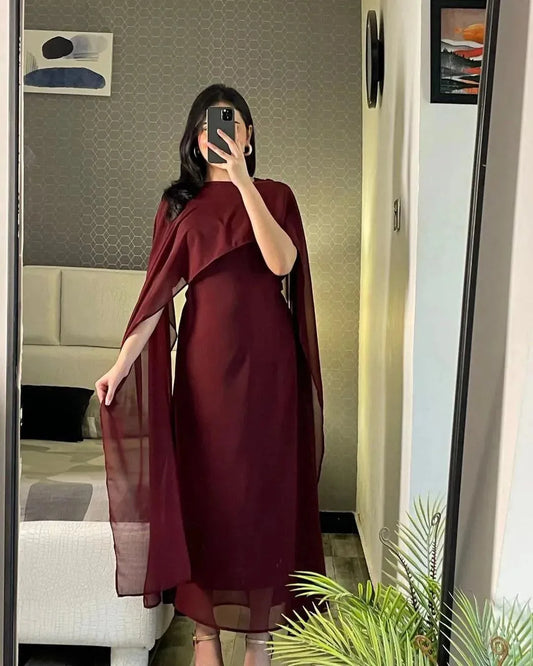 Maroon chiffon cap shawl maxi 2 piece dress for women with dupatta elegant long formal party wear outfit