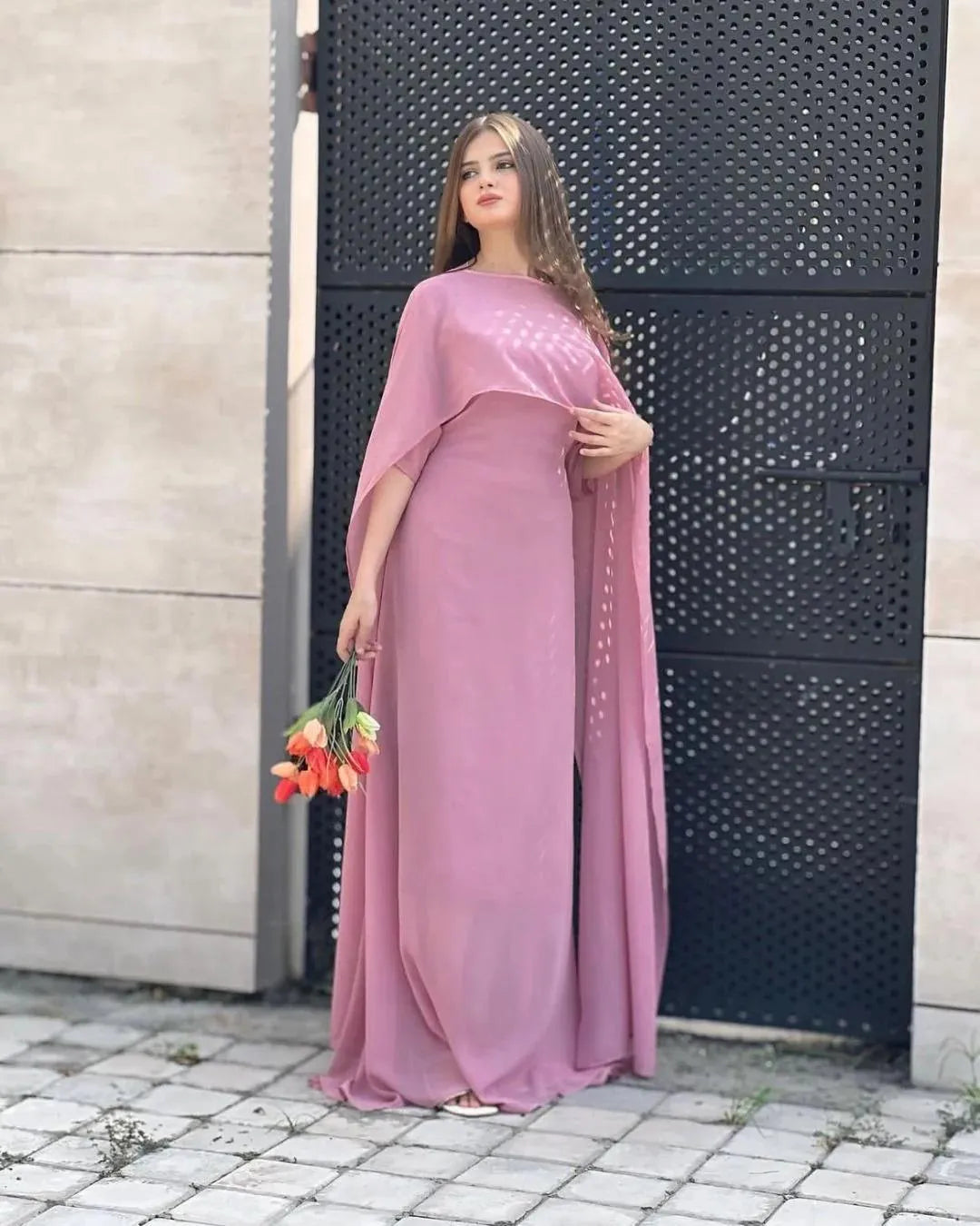 Pink chiffon cap shawl maxi 2 piece dress for women with dupatta elegant party wear long dress outfit