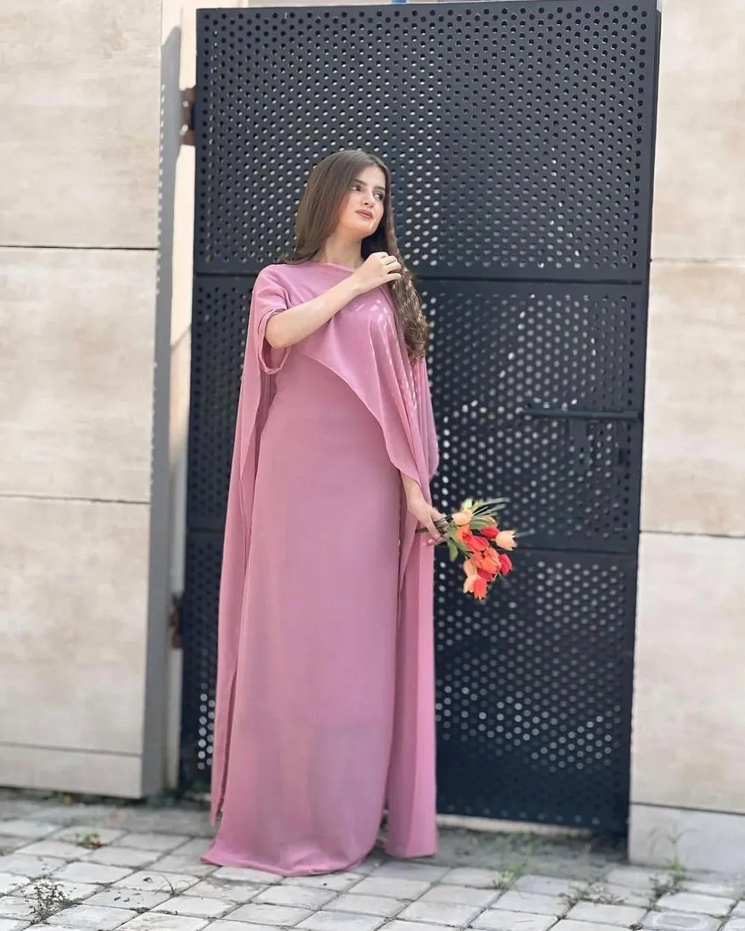 Pink chiffon cap shawl maxi 2 piece dress for women with dupatta elegant party wear long dress outfit