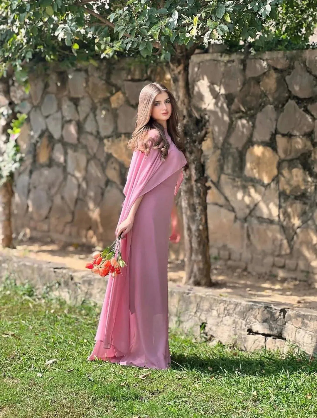 Pink chiffon cap shawl maxi 2 piece dress for women with dupatta elegant party wear long dress outfit