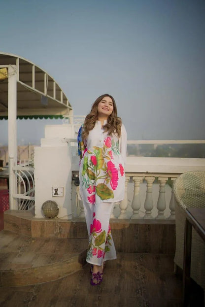 White georgette printed 2 piece suit for women with shirt and trouser lightweight stylish casual wear outfit