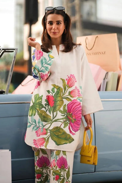 White georgette printed 2 piece suit for women with shirt and trouser lightweight stylish casual wear outfit