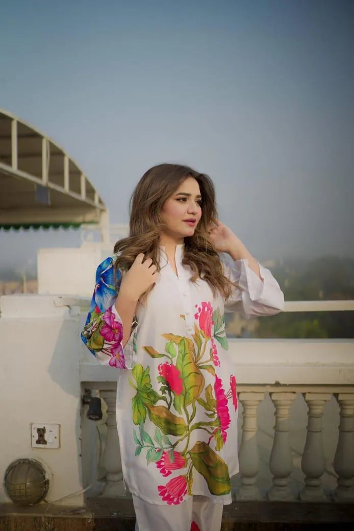White georgette printed 2 piece suit for women with shirt and trouser lightweight stylish casual wear outfit