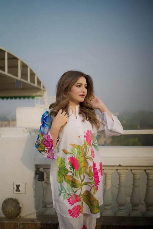 White georgette printed 2 piece suit for women with shirt and trouser lightweight stylish casual wear outfit