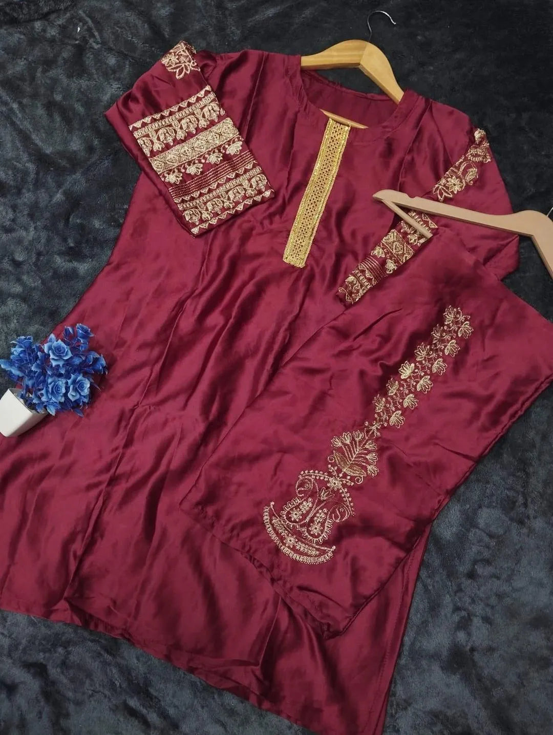 Maroon silk embroidered 2 piece suit for women with shirt and trouser stylish casual and semi formal wear outfit