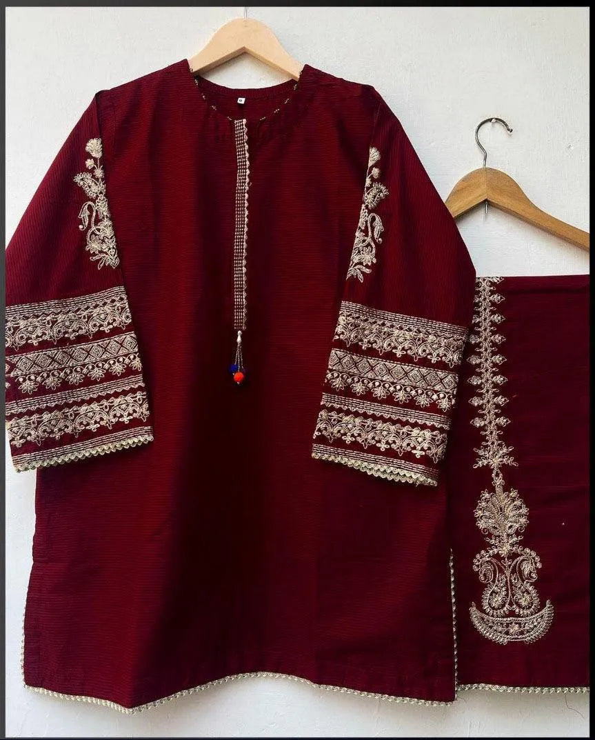 Maroon silk embroidered 2 piece suit for women with shirt and trouser stylish casual and semi formal wear outfit