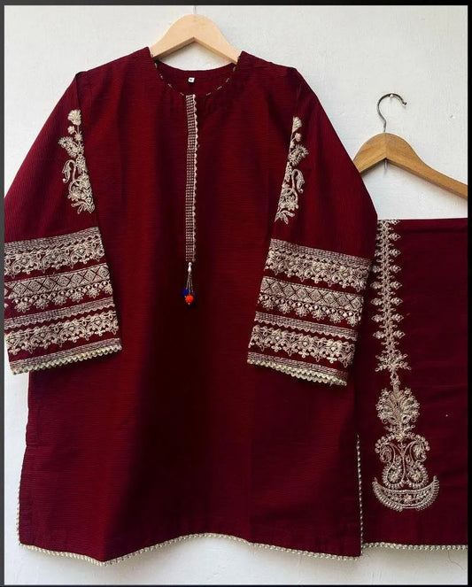 Maroon silk embroidered 2 piece suit for women with shirt and trouser stylish casual and semi formal wear outfit