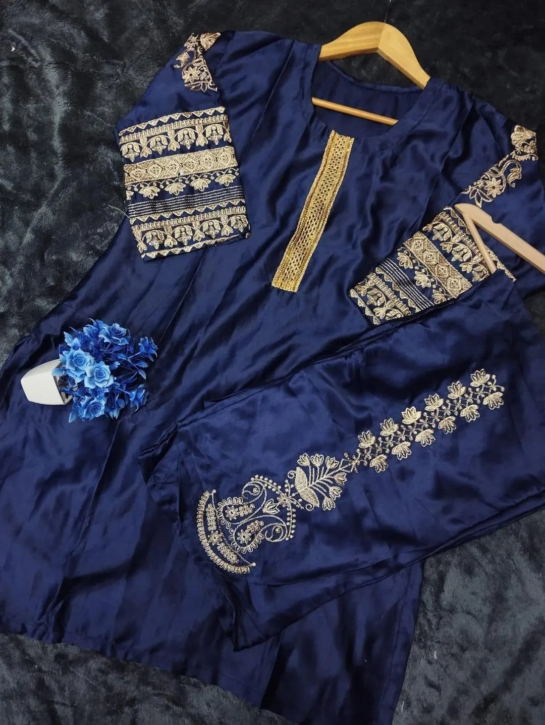 Blue silk embroidered 2 piece suit for women with shirt and trouser stylish casual and semi formal wear outfit