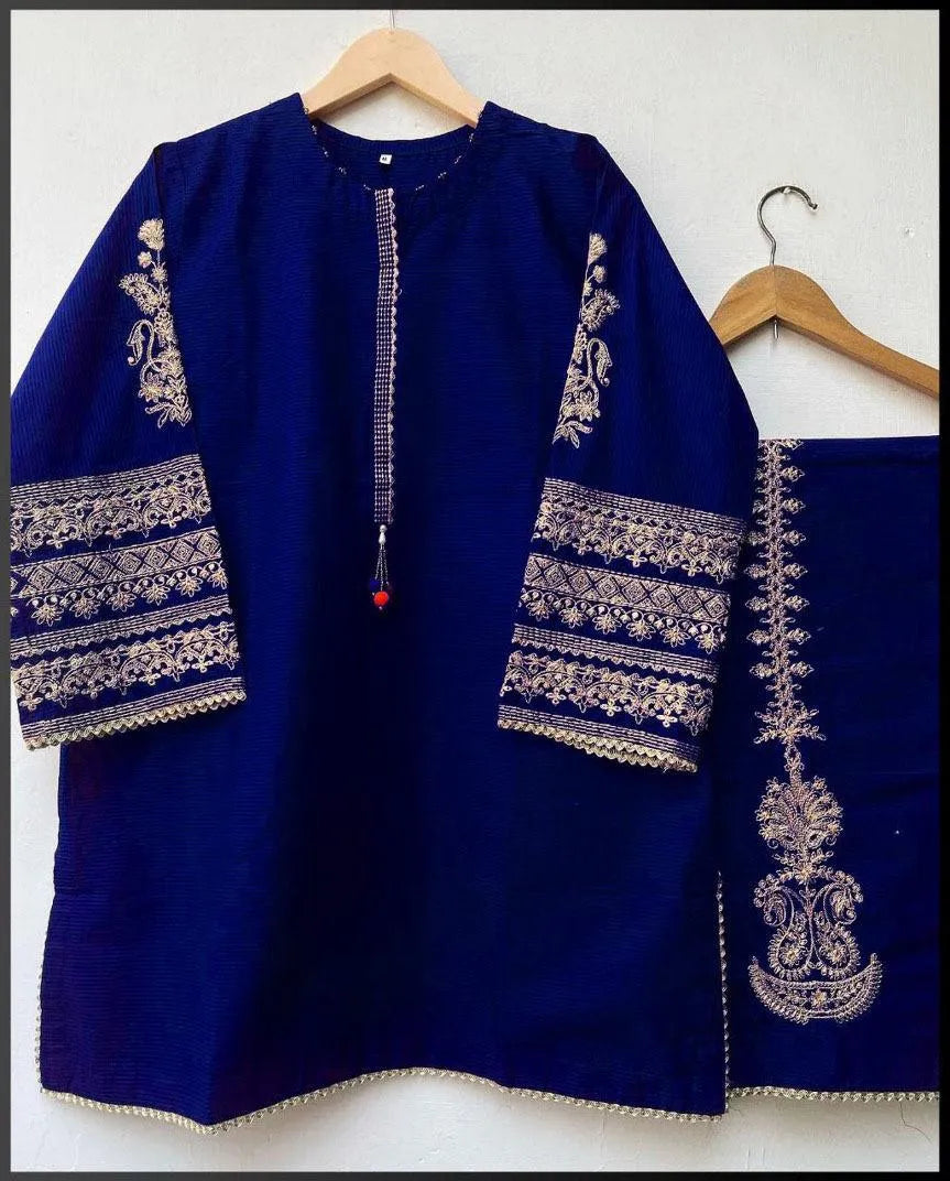 Blue silk embroidered 2 piece suit for women with shirt and trouser stylish casual and semi formal wear outfit