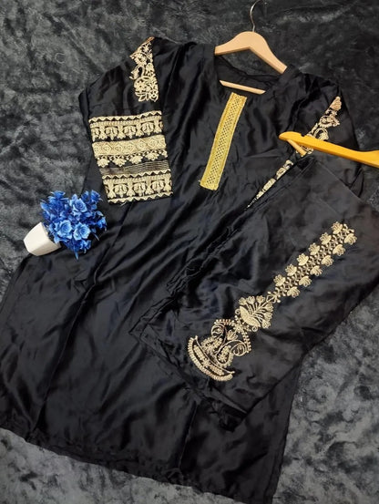 Black silk embroidered 2 piece suit for women with shirt and trouser stylish casual and semi formal wear outfit