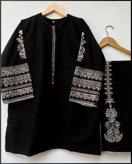 Black silk embroidered 2 piece suit for women with shirt and trouser stylish casual and semi formal wear outfit