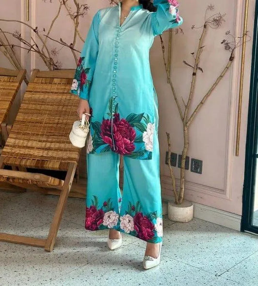 Blue swiss lawn printed 2 piece cord set for women with shirt and flapper trouser stylish summer casual wear