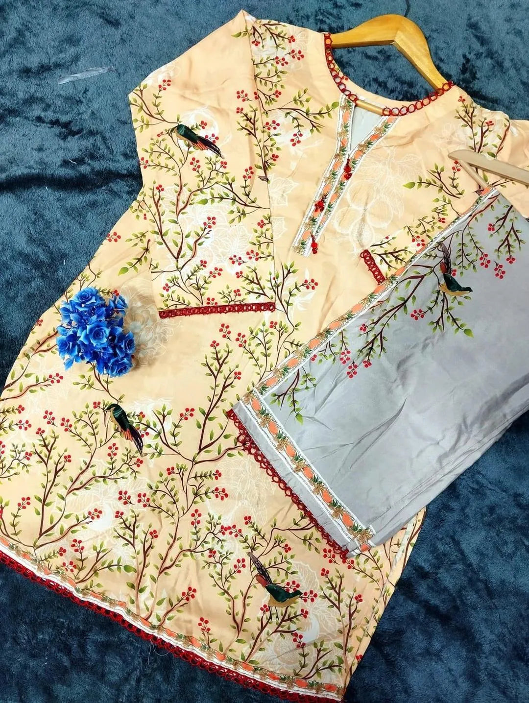 Beige Swiss Lawn Printed 2 Piece Co Ord Set Women