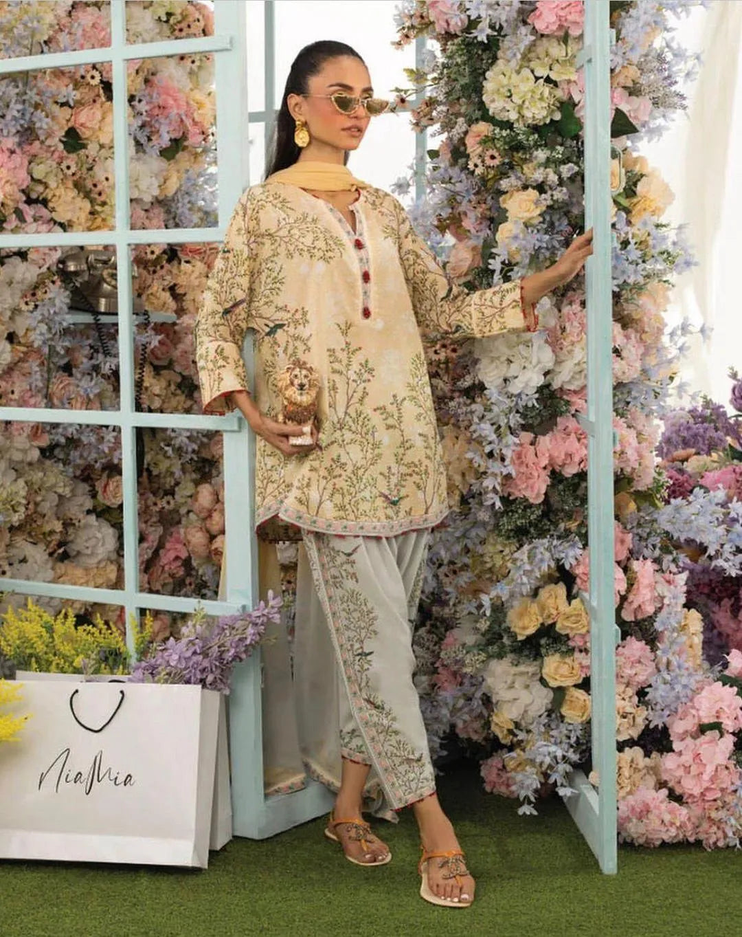 Beige swiss lawn printed 2 piece co ord set for women with shirt and flapper trouser stylish summer daily wear