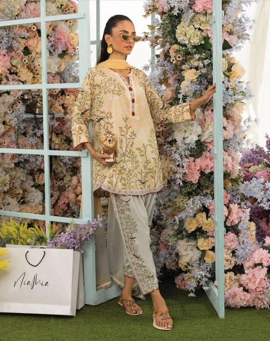 Beige swiss lawn printed 2 piece co ord set for women with shirt and flapper trouser stylish summer daily wear