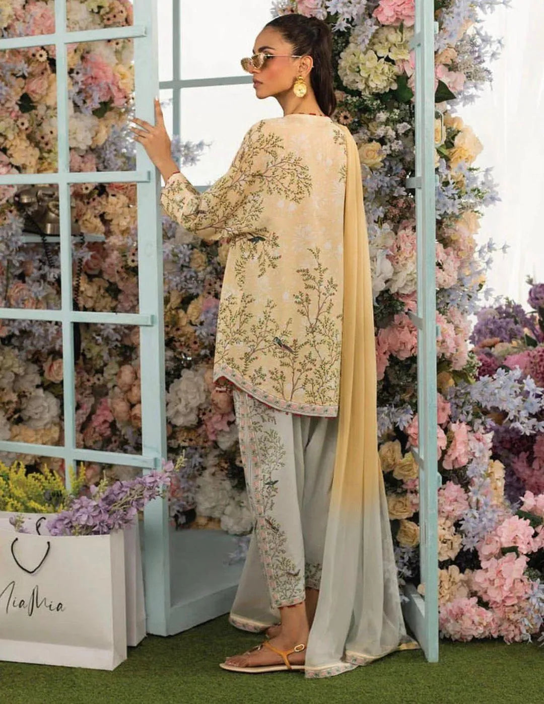 Beige swiss lawn printed 2 piece co ord set for women with shirt and flapper trouser stylish summer daily wear