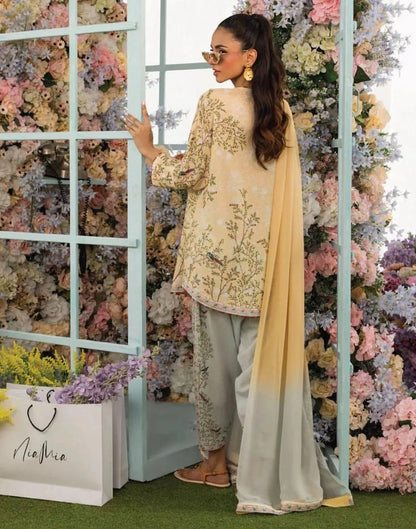 Beige swiss lawn printed 2 piece co ord set for women with shirt and flapper trouser stylish summer daily wear