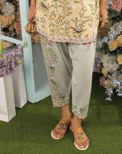 Beige swiss lawn printed 2 piece co ord set for women with shirt and flapper trouser stylish summer daily wear