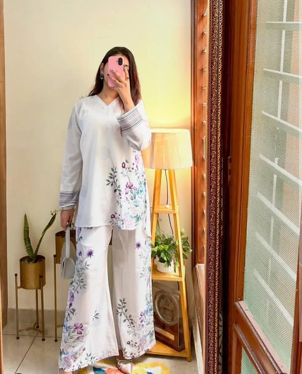 White swiss lawn printed 2 piece cord set for women with shirt and flapper trouser stylish summer casual wear