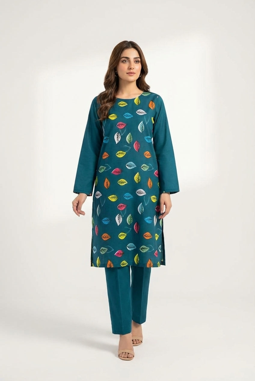 Green printed polo cotton 2 piece suit for women casual wear soft breathable fabric matching shirt and trouser set