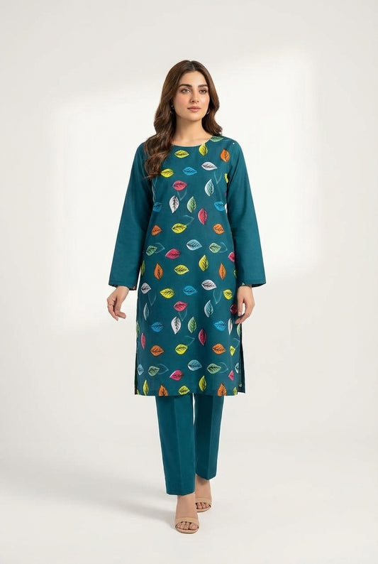 Green printed polo cotton 2 piece suit for women casual wear soft breathable fabric matching shirt and trouser set
