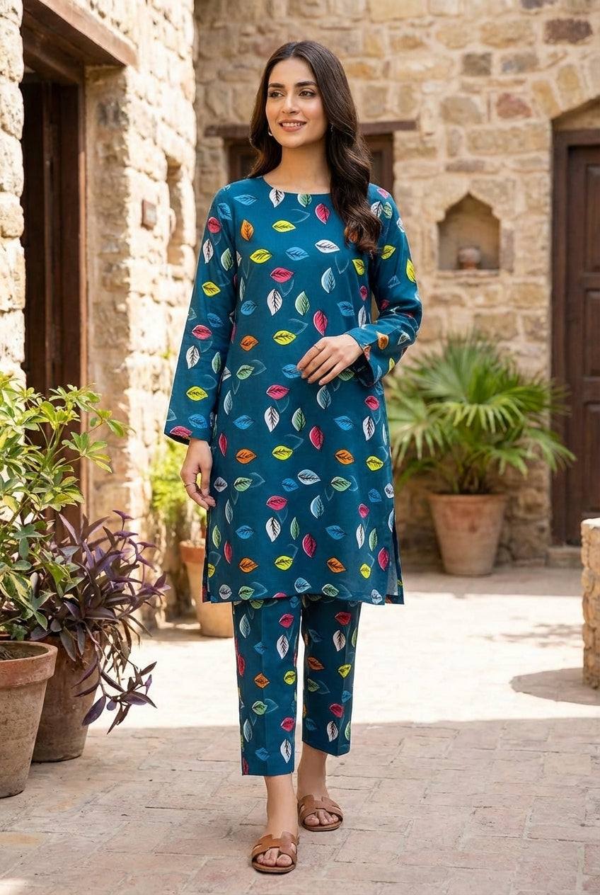 Green printed polo cotton 2 piece suit for women casual wear soft breathable fabric matching shirt and trouser set