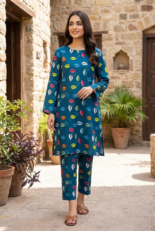 Green printed polo cotton 2 piece suit for women casual wear soft breathable fabric matching shirt and trouser set