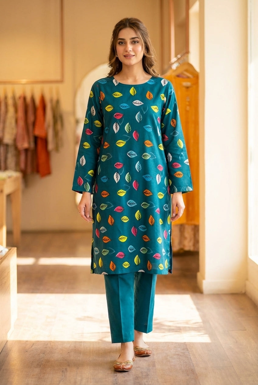 Green printed polo cotton 2 piece suit for women casual wear soft breathable fabric matching shirt and trouser set