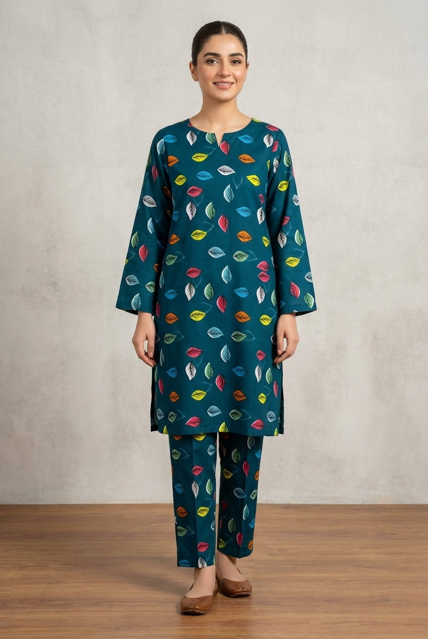 Green printed polo cotton 2 piece suit for women casual wear soft breathable fabric matching shirt and trouser set