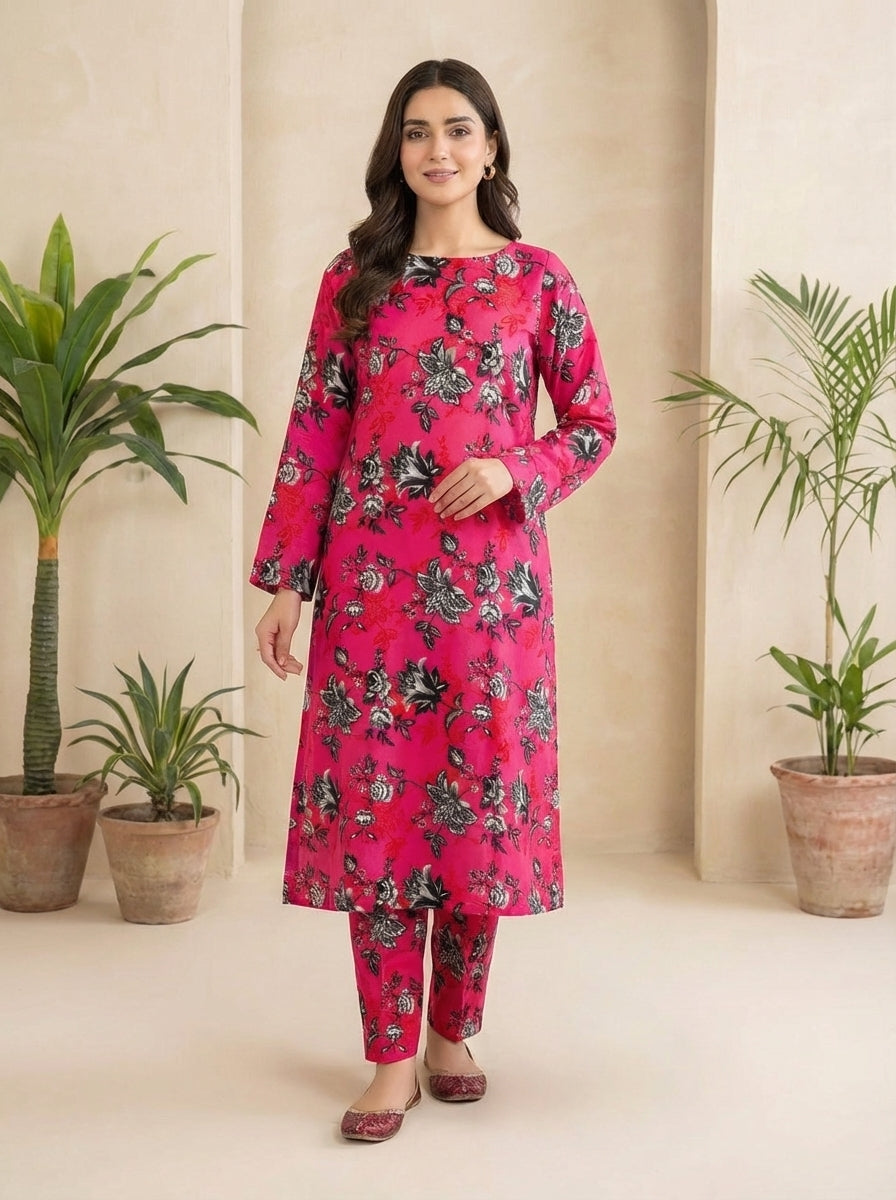 Pink printed polo cotton 2 piece suit for women casual wear soft breathable fabric matching shirt and trouser set