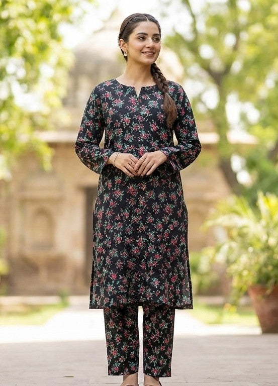 Black printed polo cotton 2 piece suit for women casual wear soft breathable fabric matching shirt and trouser set