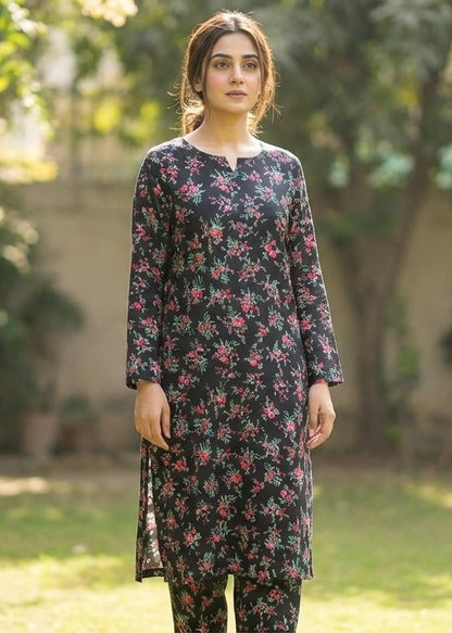Black printed polo cotton 2 piece suit for women casual wear soft breathable fabric matching shirt and trouser set