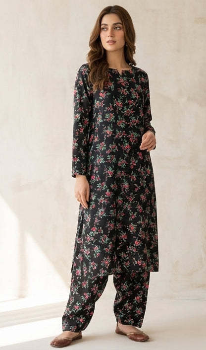 Black printed polo cotton 2 piece suit for women casual wear soft breathable fabric matching shirt and trouser set