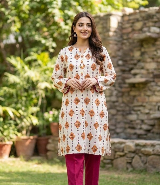 Ivory printed lawn 2 piece suit for women summer outfit with digital print shirt and soft breathable fabric