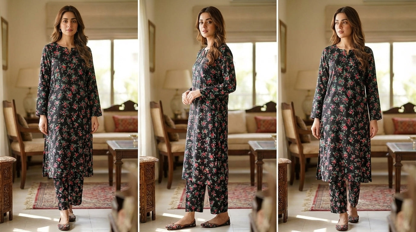 Black printed polo cotton 2 piece suit for women casual wear soft breathable fabric matching shirt and trouser set