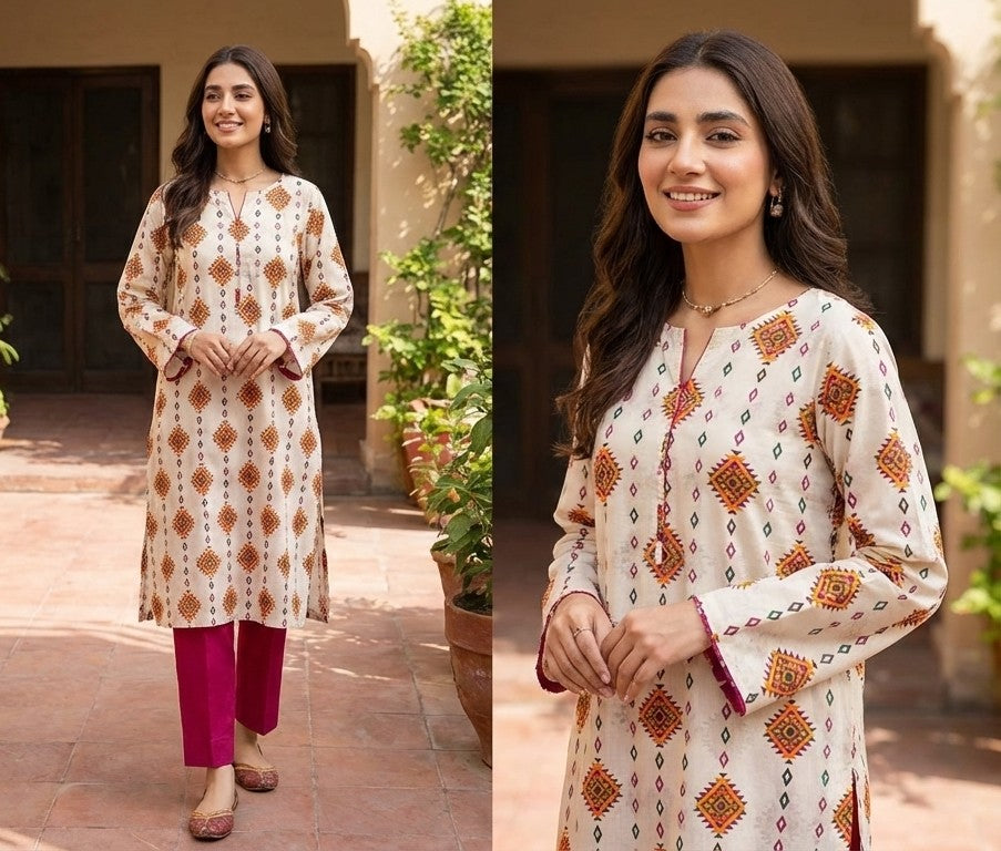 Ivory printed lawn 2 piece suit for women summer outfit with digital print shirt and soft breathable fabric