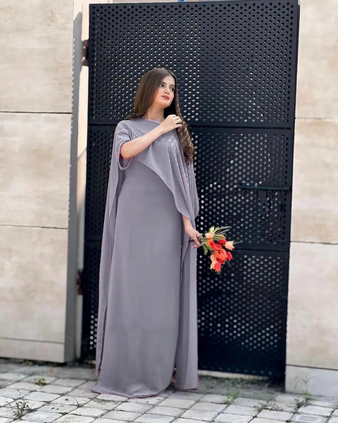 Grey chiffon cap shawl maxi 2 piece dress for women with dupatta elegant formal party wear outfit