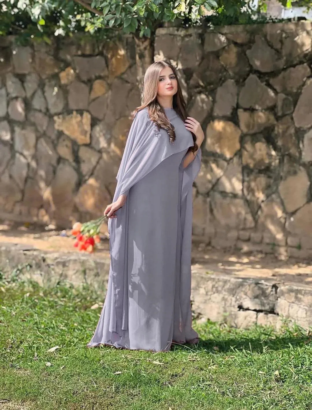 Grey chiffon cap shawl maxi 2 piece dress for women with dupatta elegant formal party wear outfit