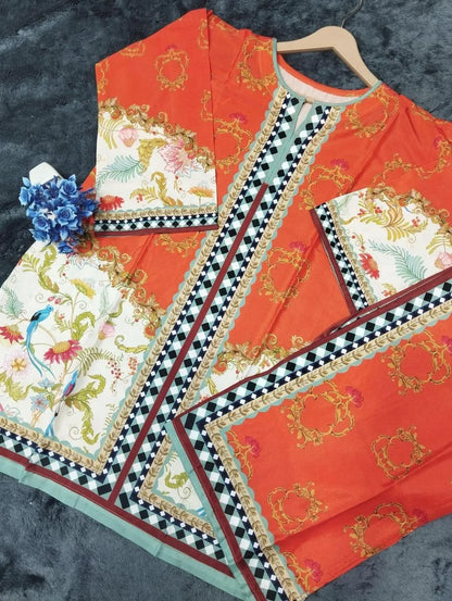 Orange swiss lawn printed 2 piece cord set for women with shirt and flapper trouser stylish summer daily wear