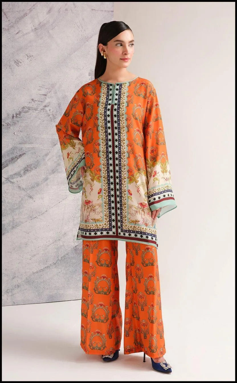 Orange swiss lawn printed 2 piece cord set for women with shirt and flapper trouser stylish summer daily wear