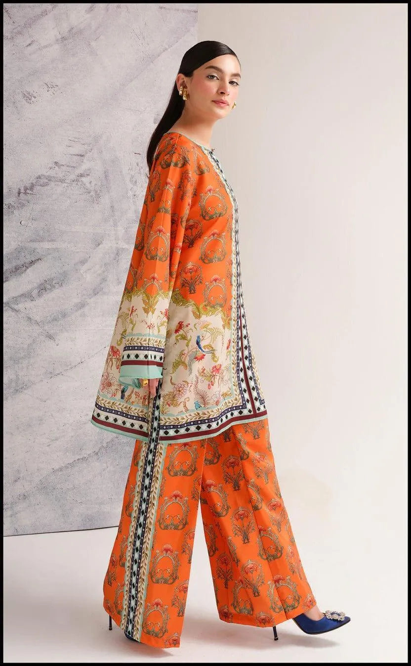 Orange swiss lawn printed 2 piece cord set for women with shirt and flapper trouser stylish summer daily wear